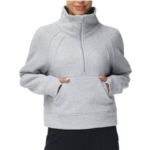 Half Zip Pullover Fleece Stand Collar Crop Sweatshirt with Pockets Gray